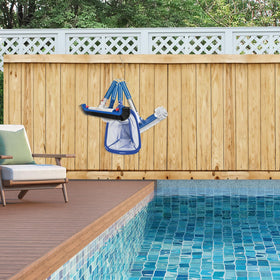Feoang blue storage rack keeps pool maintenance tools organized and accessible.