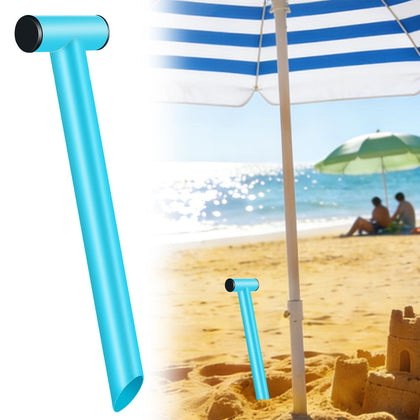 Feoang stainless steel sand digger tool demonstrates quick umbrella setup on sand.