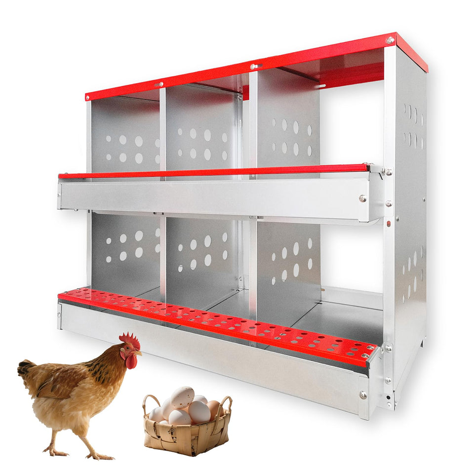 FEOKUMO 6-compartment nesting box front view showing organized nesting and egg tray accessibility.
