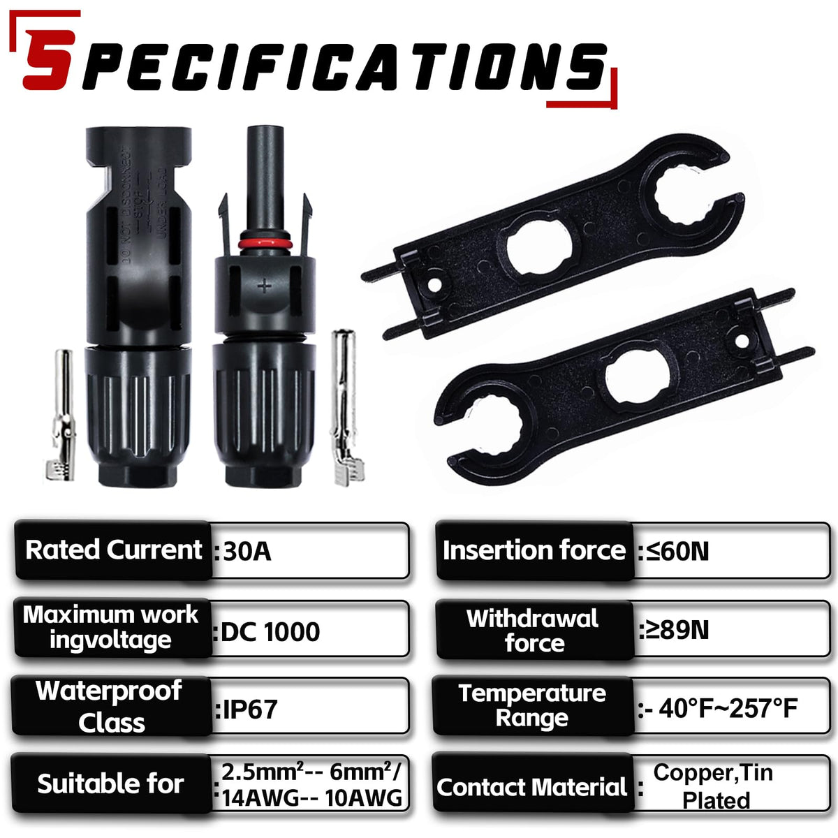 Feotech 30A high-current connectors support heavy-load solar runs.