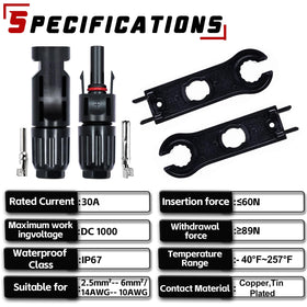 Feotech 30A high-current connectors support heavy-load solar runs.