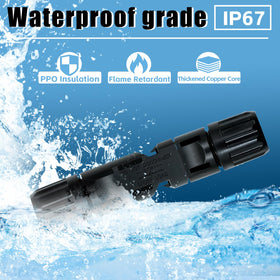 Feotech IP67 waterproof connectors protect outdoor solar wiring.