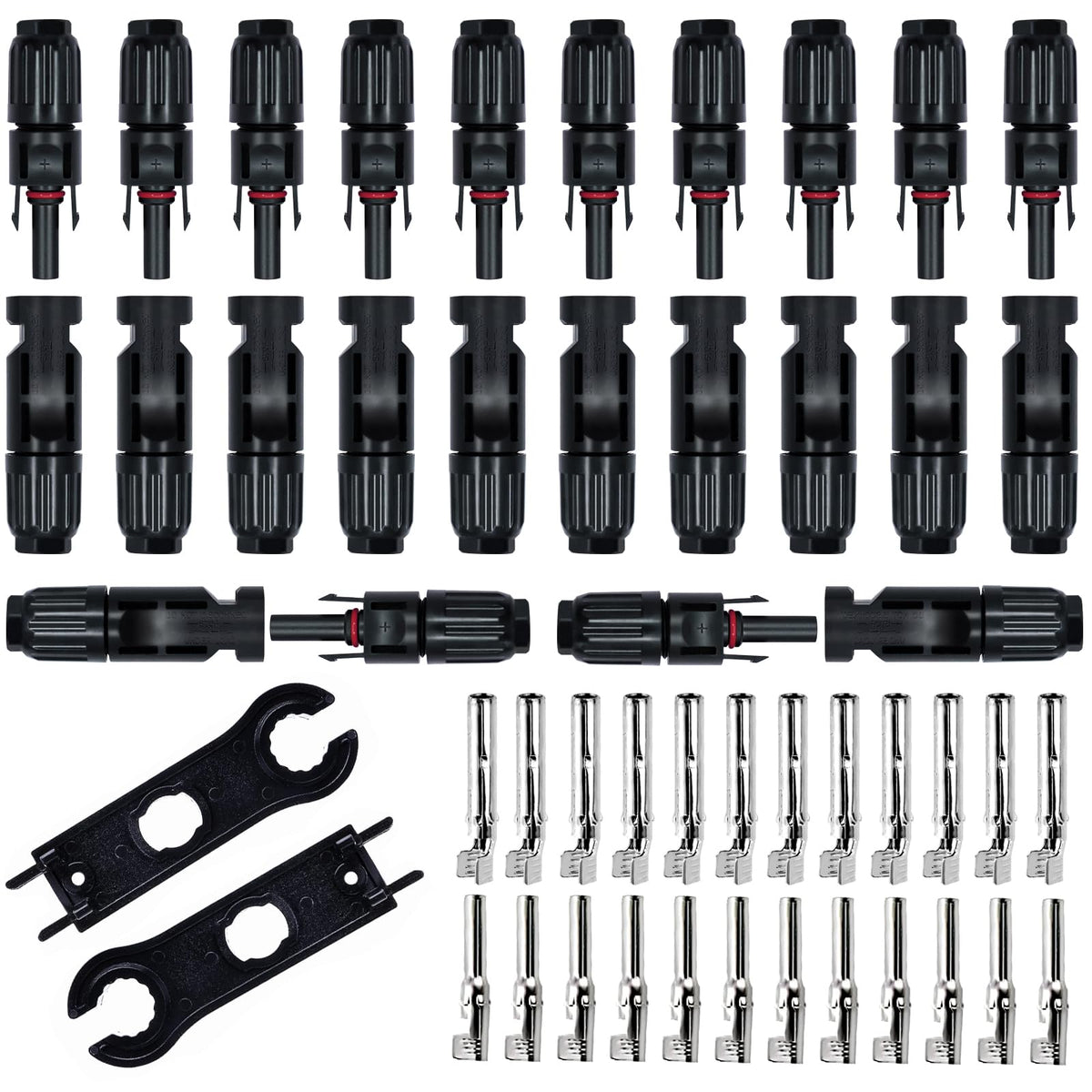 Feotech solar connectors: male and female pairs for a secure outdoor PV connection.
