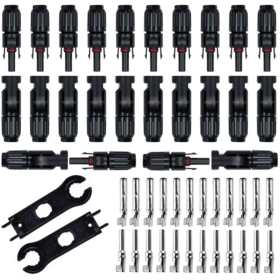 Feotech solar connectors: male and female pairs for a secure outdoor PV connection.