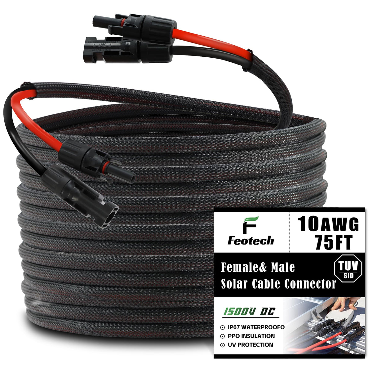 Feotech twin-wire 75ft solar extension cable with weatherproof insulation for outdoor use.