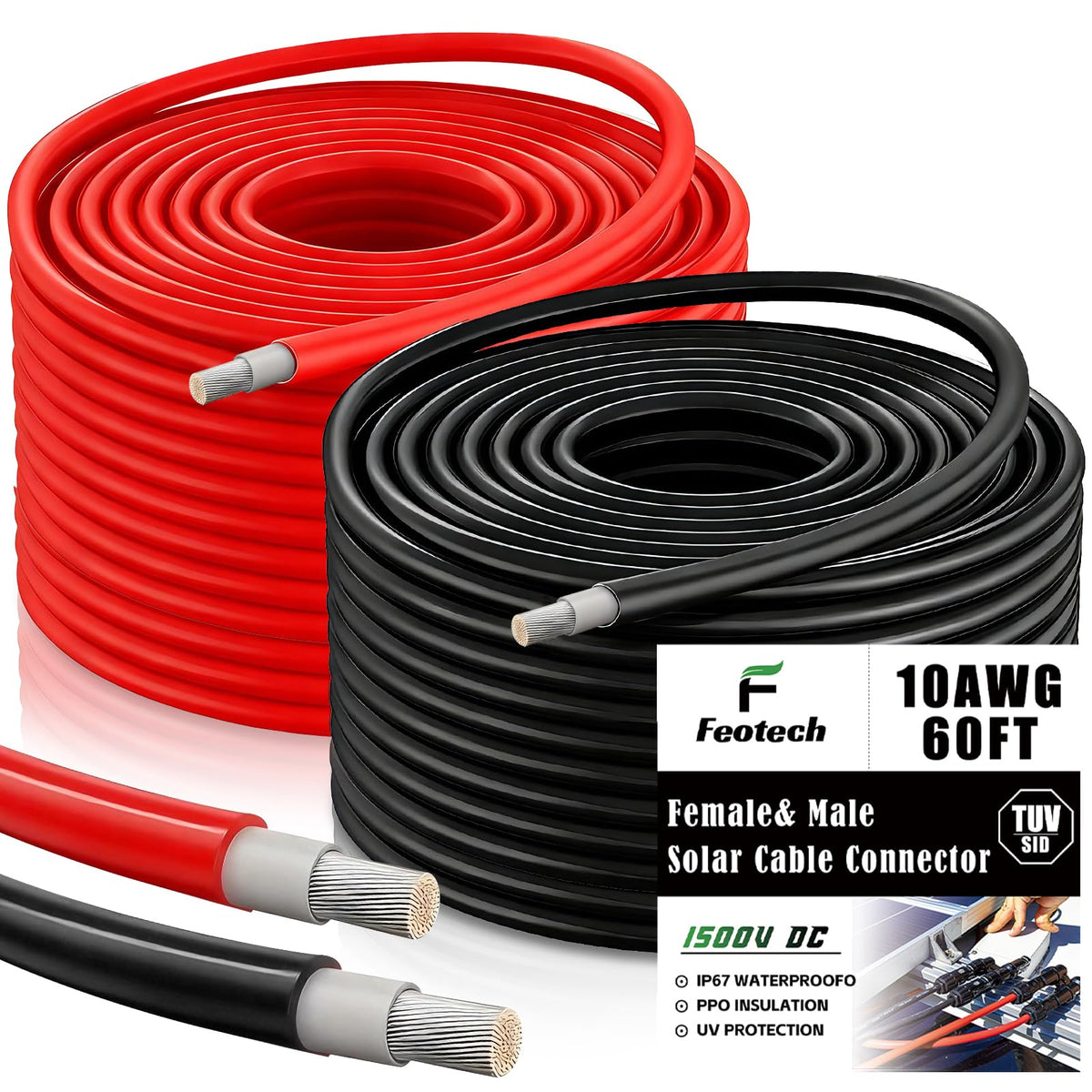 Feotech Twin Wire solar extension cable 60ft for rooftop and RV solar wiring