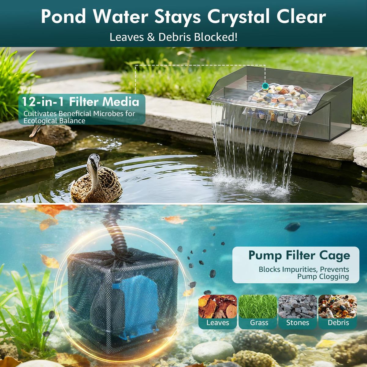 feoxshal filter cage on pump helps prevent debris buildup