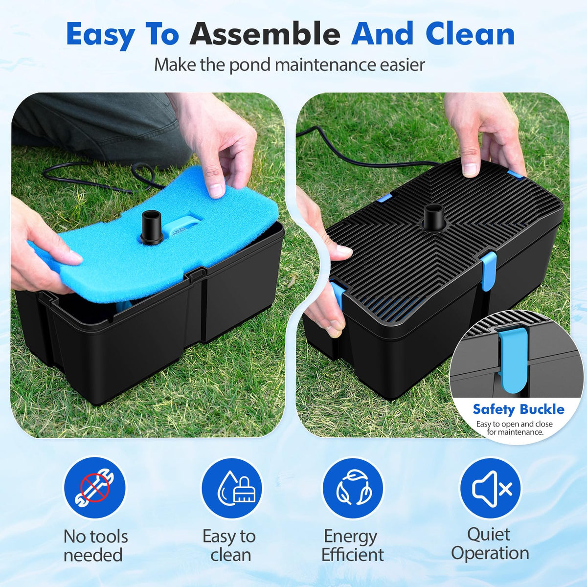 Feoxshal filter sponges and bio-balls provide combined mechanical and biological filtration