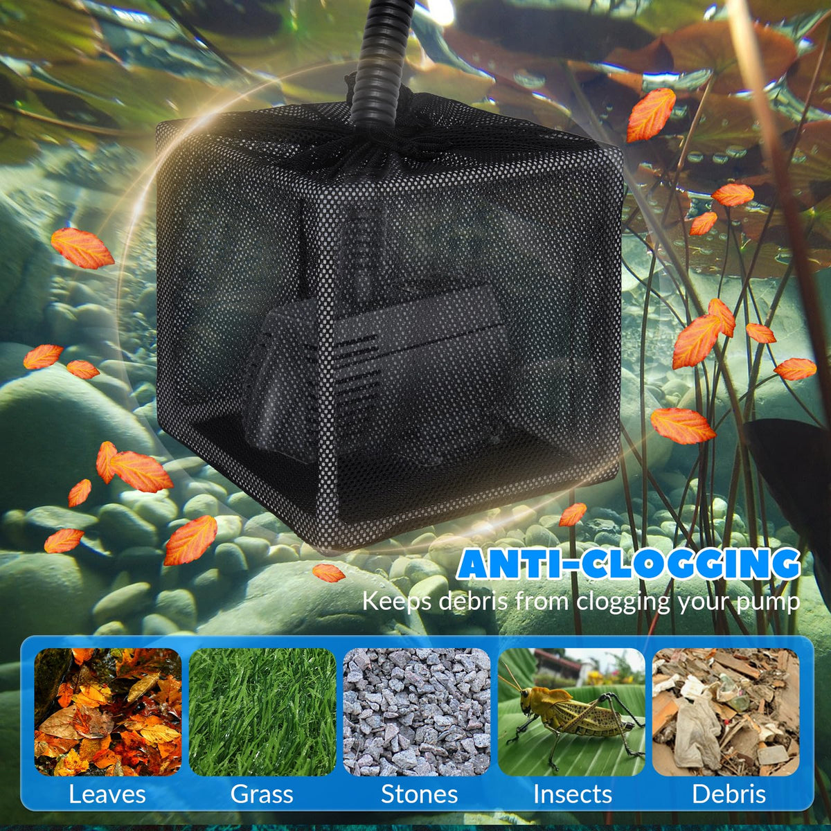 FEOXSHAL Pond Filter Box anti-clogging mesh visual demonstrating debris filtration.