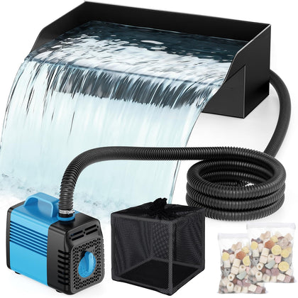 FEOXSHAL 12-inch pond waterfall spillway box creating a dramatic water curtain.