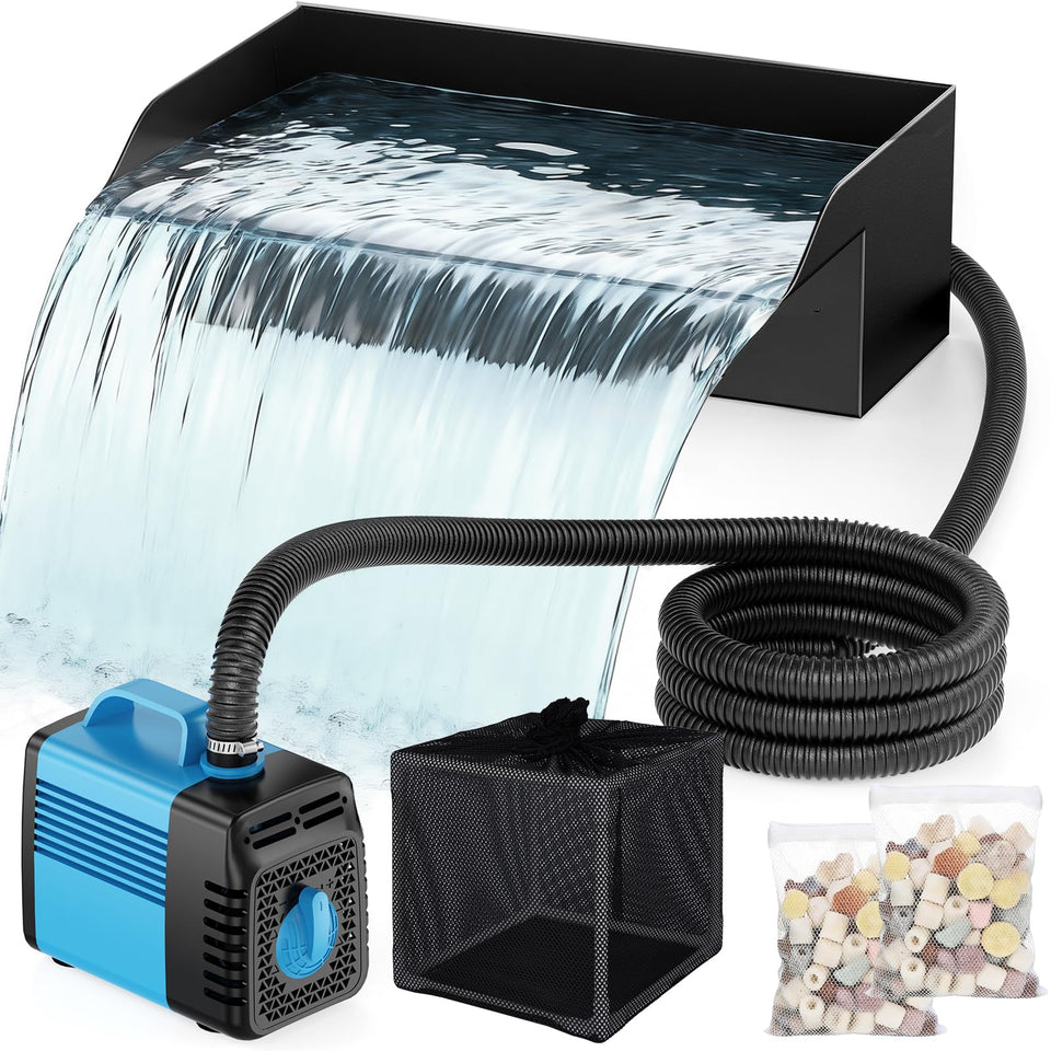 FEOXSHAL 12-inch pond waterfall spillway box creating a dramatic water curtain.