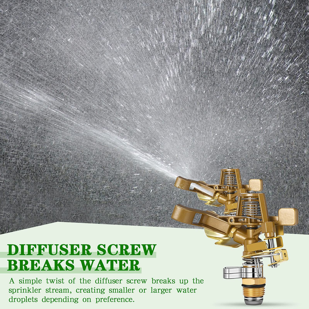 Ferraycle 360-degree adjustable impulse sprinkler demonstrates full-circle watering for lawn.