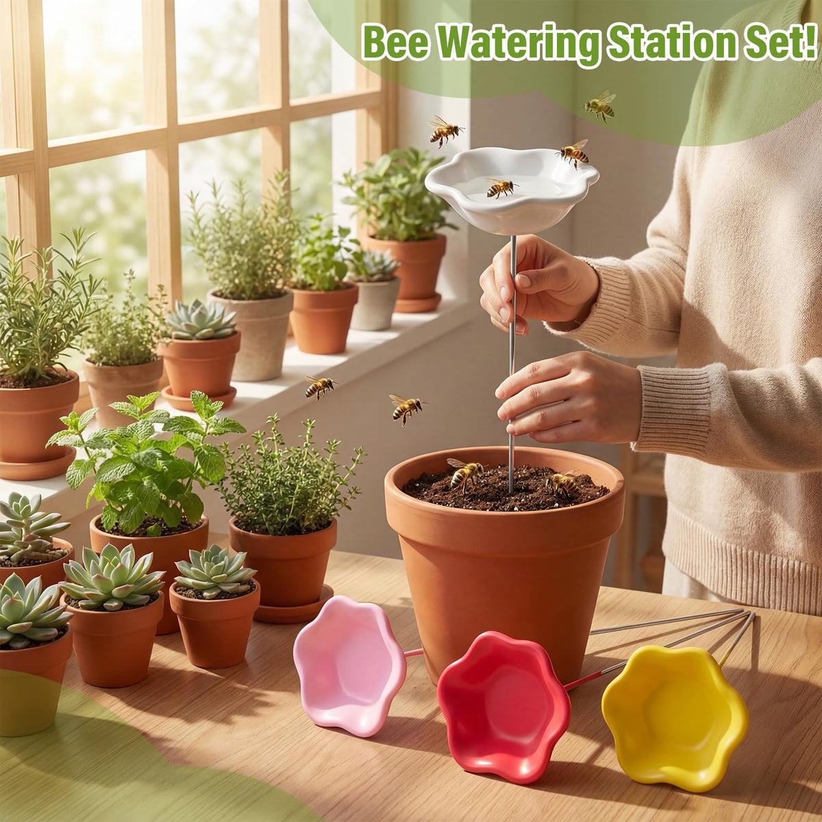 Ferrochef bee watering station pink variant blends with garden flowers.
