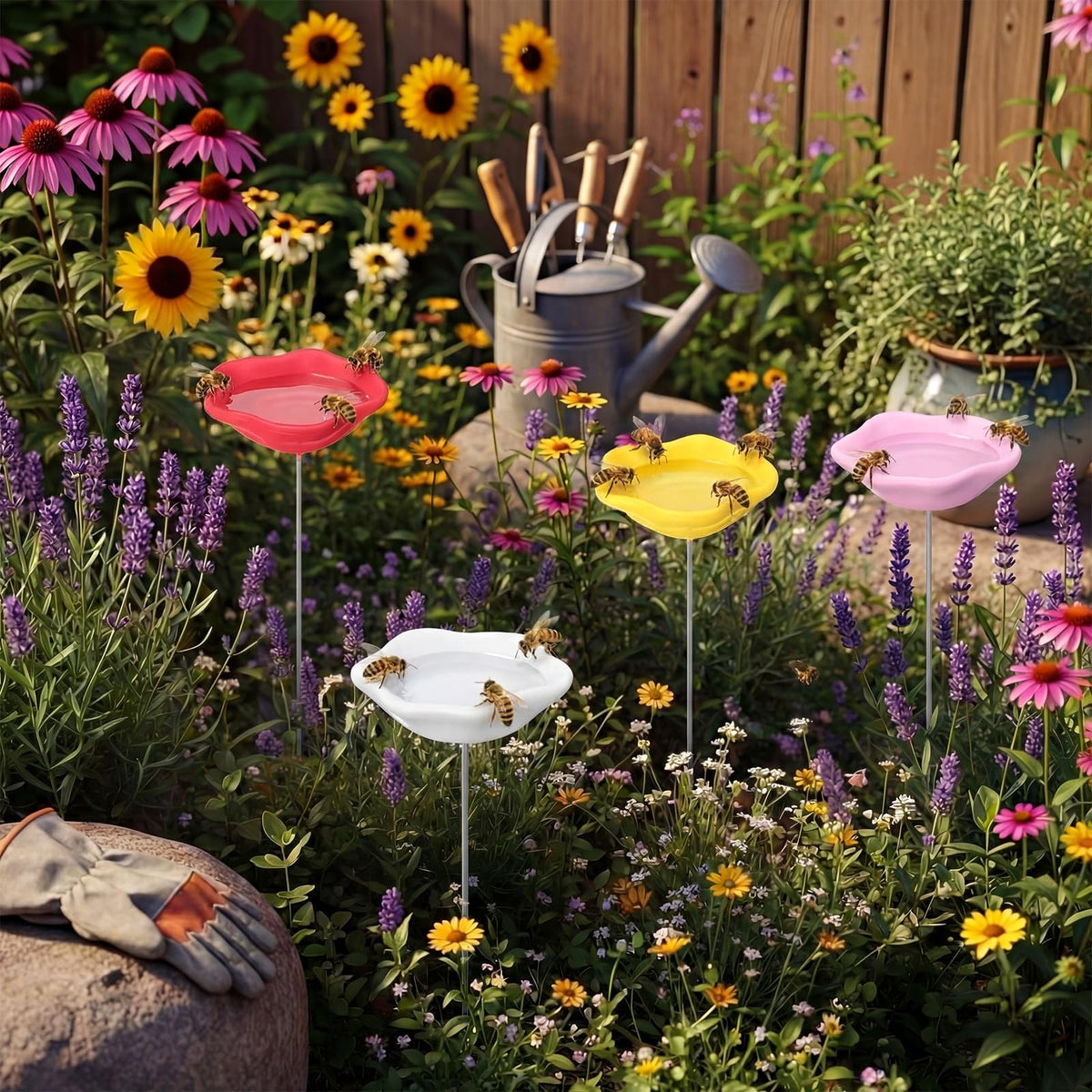 Ferrochef bee watering station white variant suitable for flower beds.