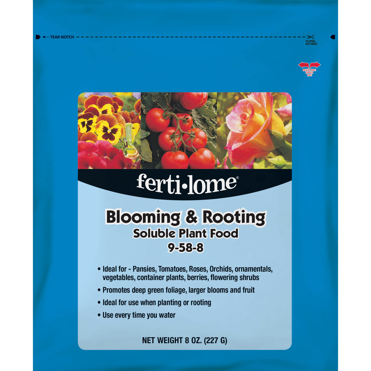 Ferti-Lome Blooming and Rooting Soluble Plant Food bag enhances lush blooms