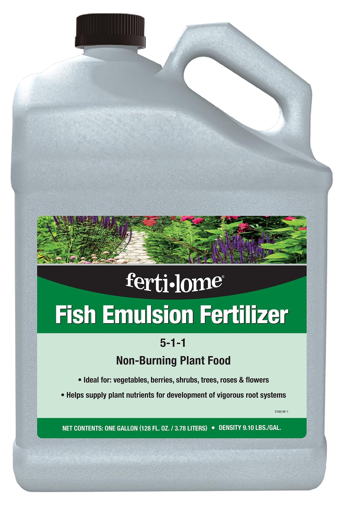Ferti-lome fish emulsion bottle close-up showing 5-1-1 formula for healthy growth