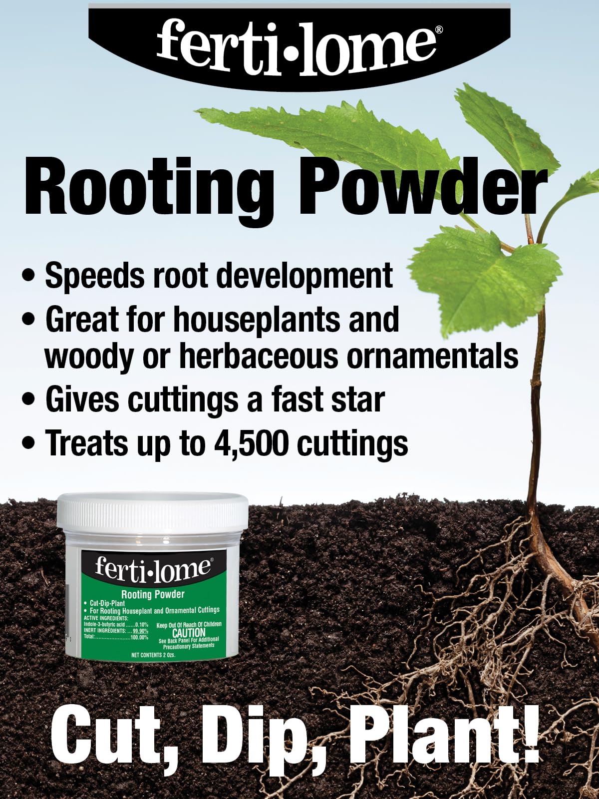 Ferti-lome rooting powder being used to dip a cutting before planting for stronger roots