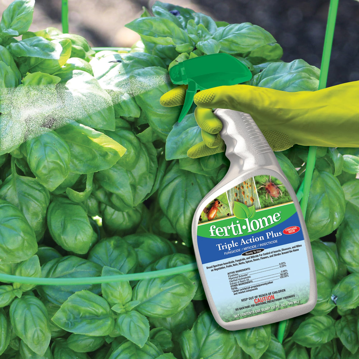 ferti-lome triple action plus RTU 32oz bottle near blooms suggests versatile garden protection