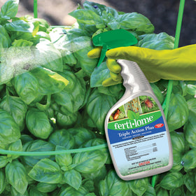 ferti-lome triple action plus RTU 32oz bottle near blooms suggests versatile garden protection