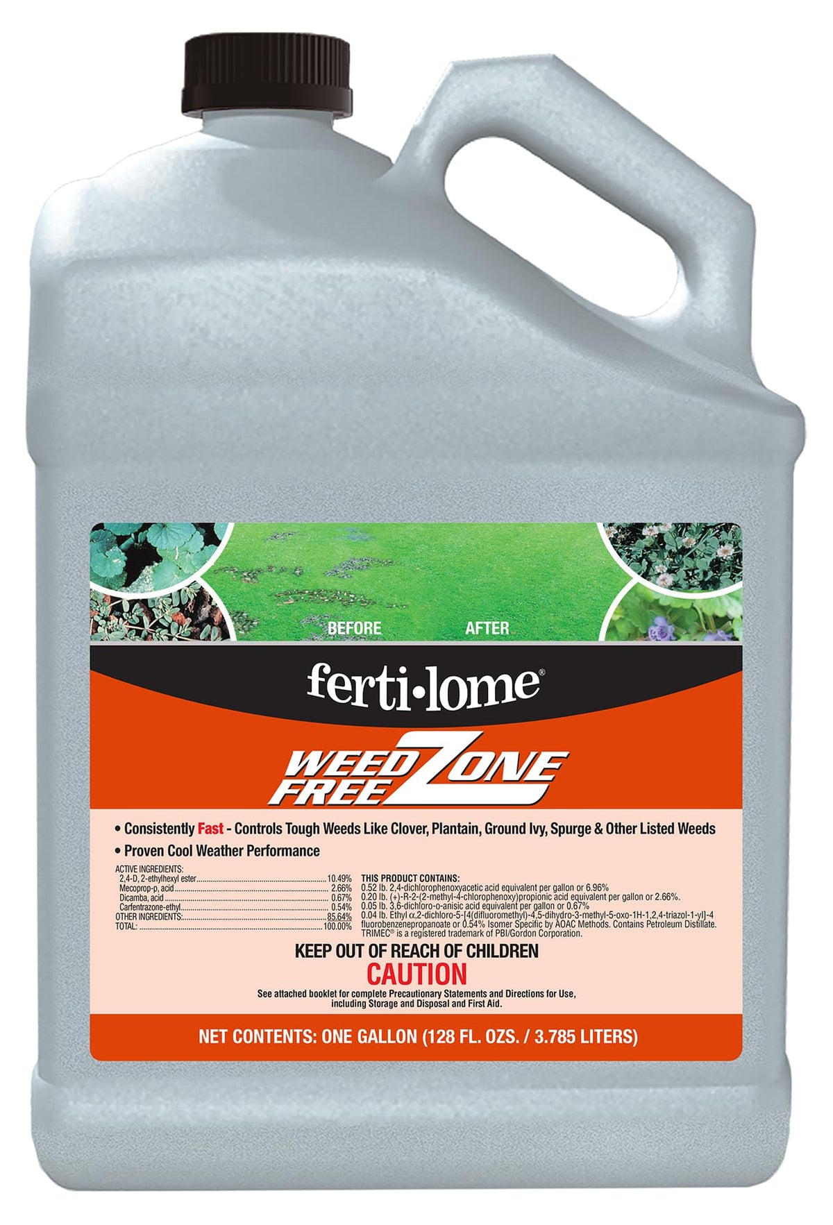 Ferti-Lome Weed Free Zone bottle ready for lawn use, targeting broadleaf weeds