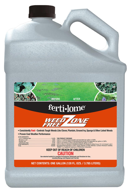 Ferti-Lome Weed Free Zone bottle ready for lawn use, targeting broadleaf weeds