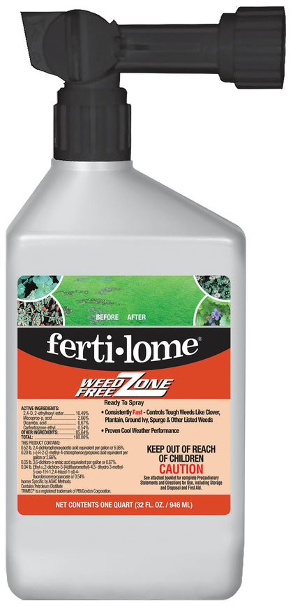 Ferti-Lome Weed Free Zone RTS bottle and label for easy lawn weed control.