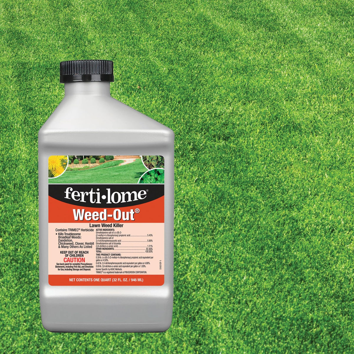 Ferti-lome Weed-Out bottle label close-up with guidance for Bahia, Bermuda, Zoysia, and more.