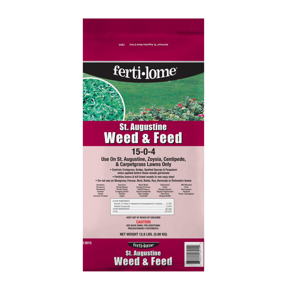 Ferti-lome St. Augustine weed and feed bag front view for spring weed control and feeding.