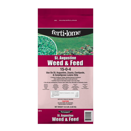 Ferti-lome St. Augustine weed and feed bag front view for spring weed control and feeding.