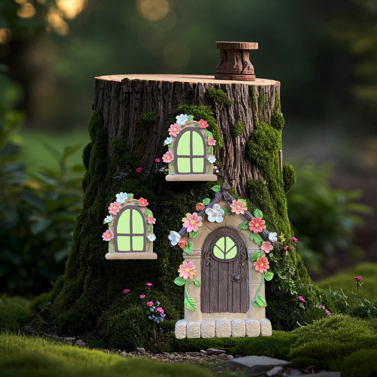 FESTGLOX glow in the dark windows illuminate your fairy garden after sundown.