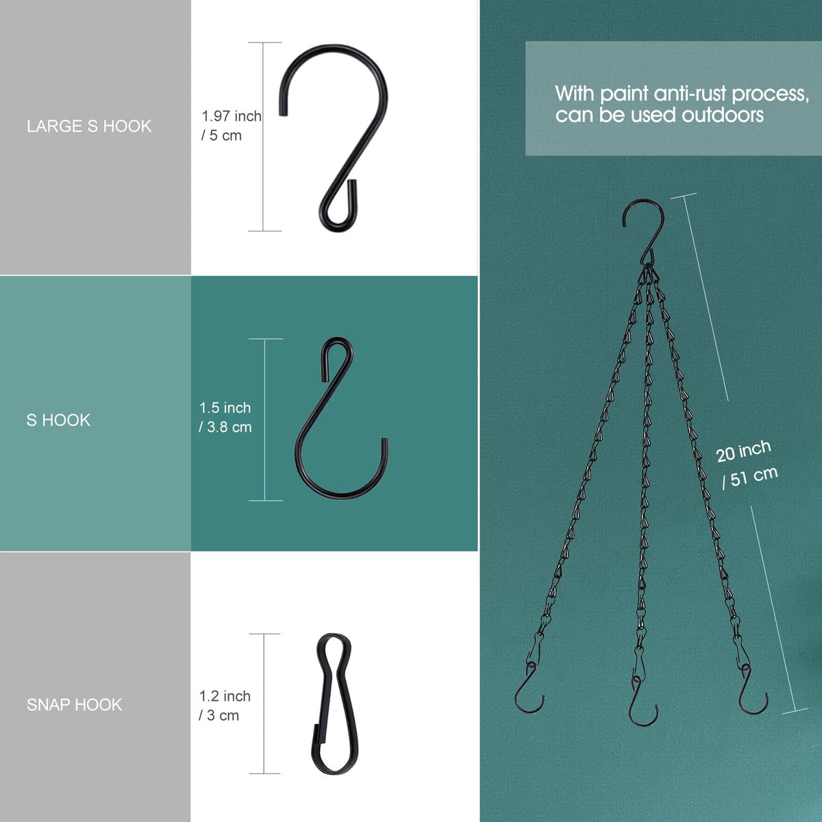 Fetanten black metal chain with S-hooks for easy hanging.