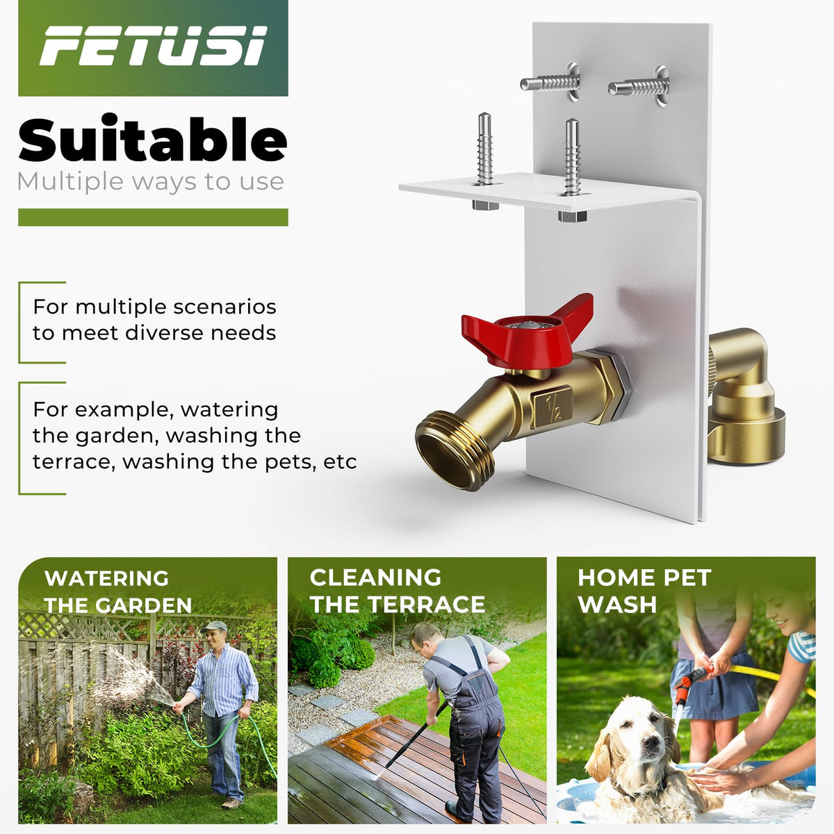 FETUSI brass assembly resists rust and weather for long outdoor use.