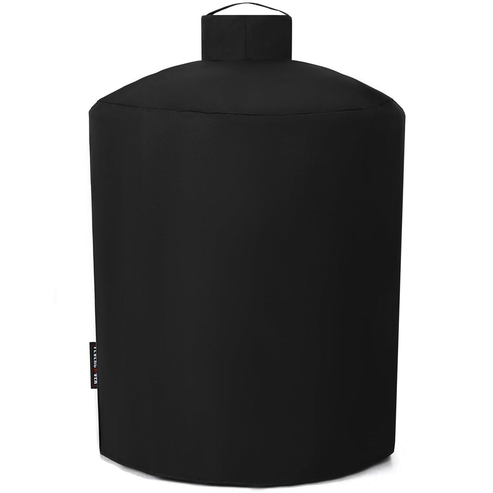 FEVERCOVER large green egg grill cover shielding from rain and sun.