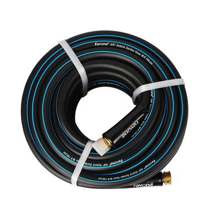 FEVONE 75 ft kink-free hose curled for easy storage and efficient watering.
