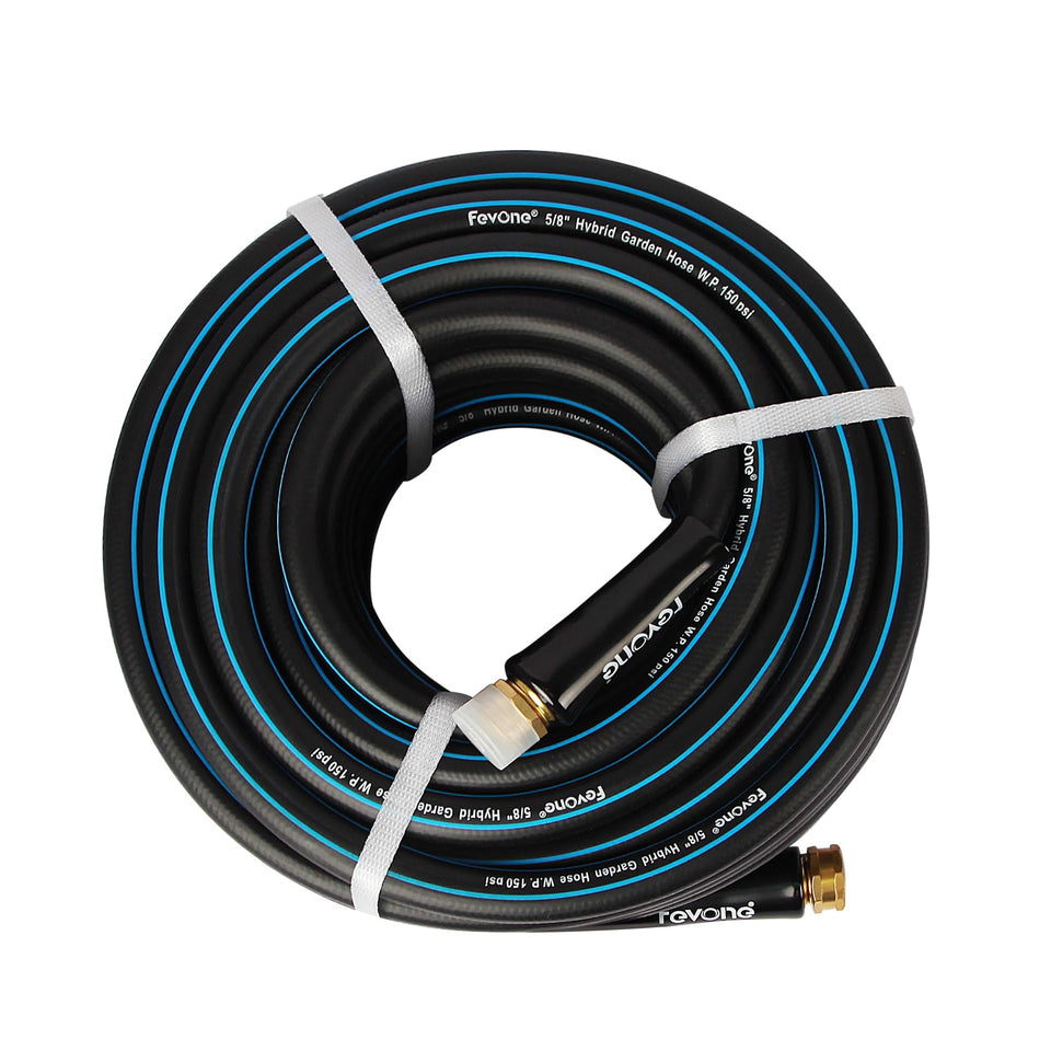 FEVONE 75 ft kink-free hose curled for easy storage and efficient watering.