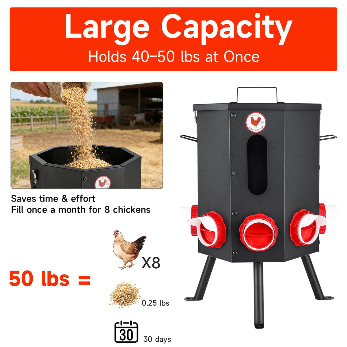 Fewuto 50lb-capacity poultry feeder designed for busy flocks and fewer refills.