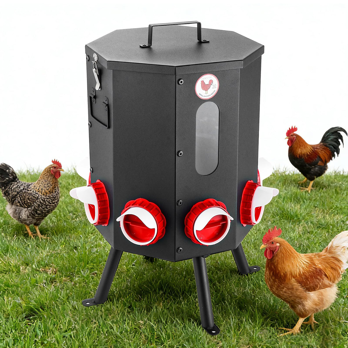 Fewuto Automatic Chicken Feeder with eight ports enabling multi-bird feeding and reduced waste.