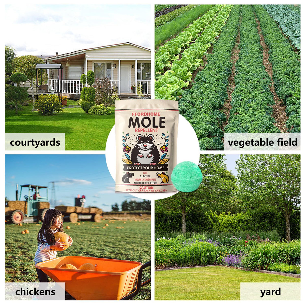 FfordHome Mole Repellent packaging 8balls highlights bulk treatment option