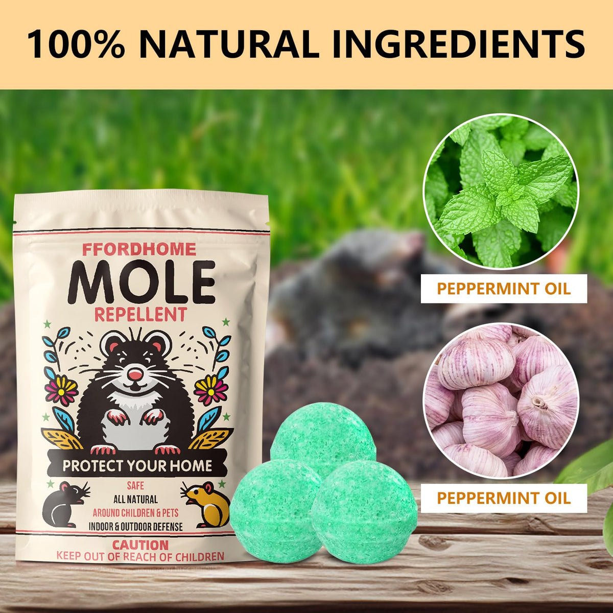 FfordHome Mole Repellent spray illustrates easy lawn application for deterrence