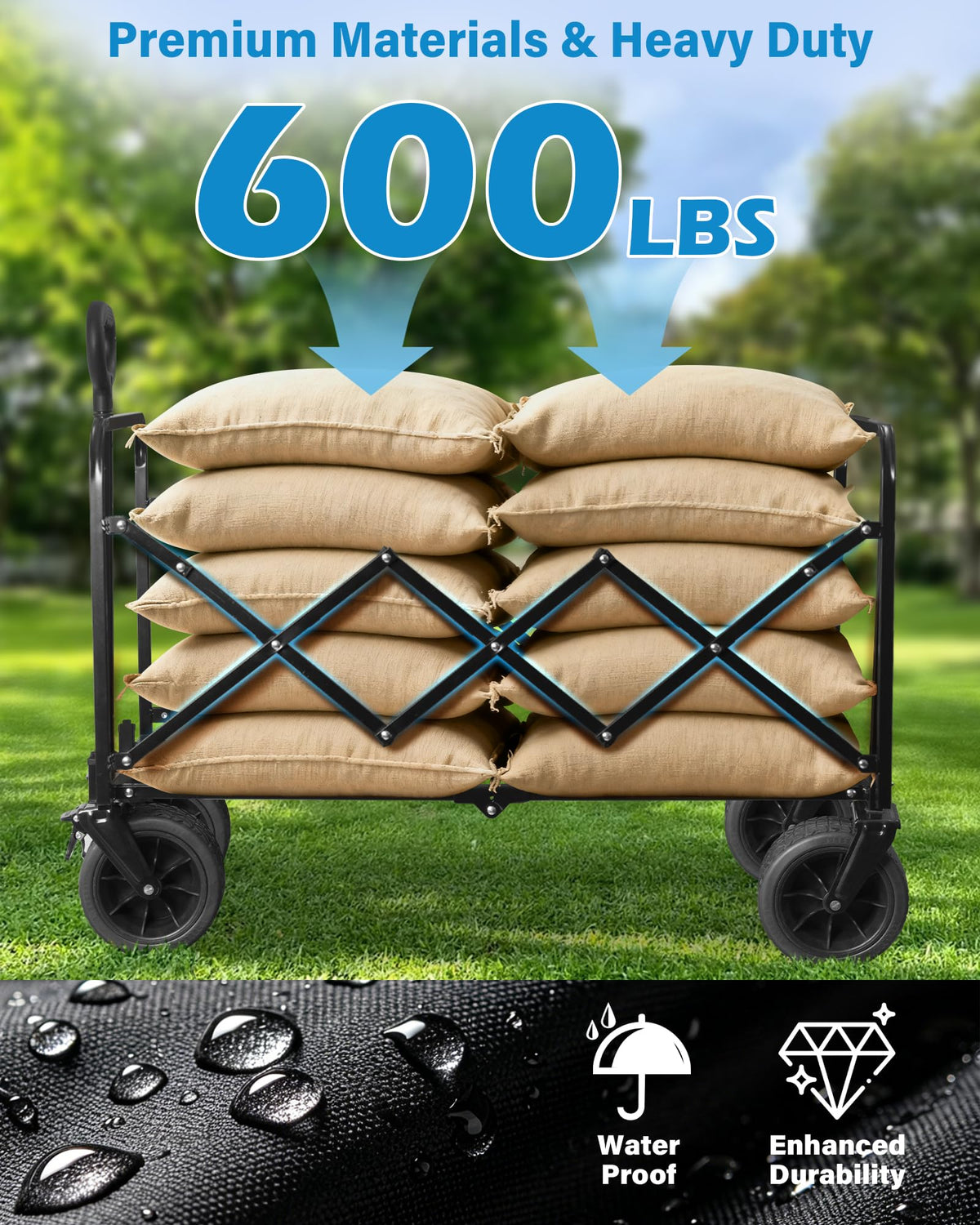 FFQ 600LBS wagon featuring 360-degree wheels for easy turning on varied terrain