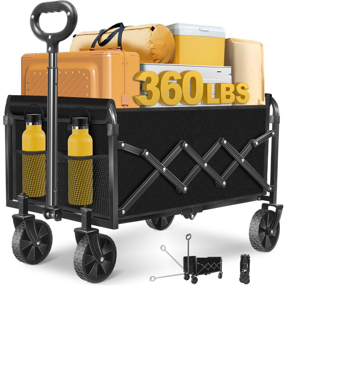FFQ folding wagon with all-terrain wheels on rugged terrain for groceries and gear