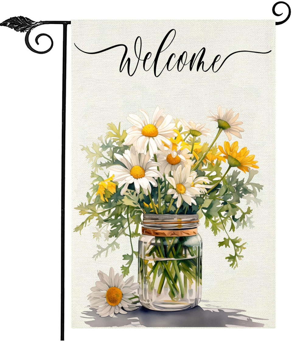 FGSS daisy jar arrangement flag, welcoming double-sided design for entryways and gates.