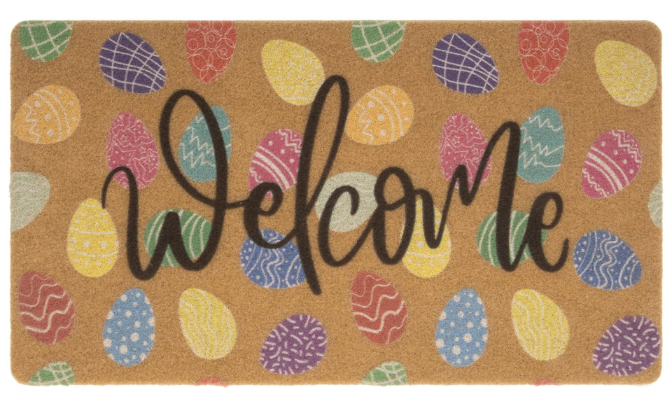 FGSS Easter eggs front door mat shows colorful eggs; durable coir traps dirt at the entry.
