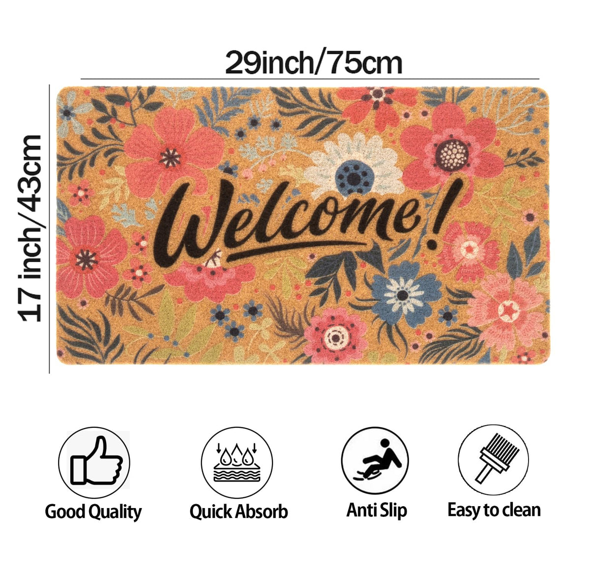 FGSS Flower Welcome Doormat measures 17 by 29 inches for standard entrances.