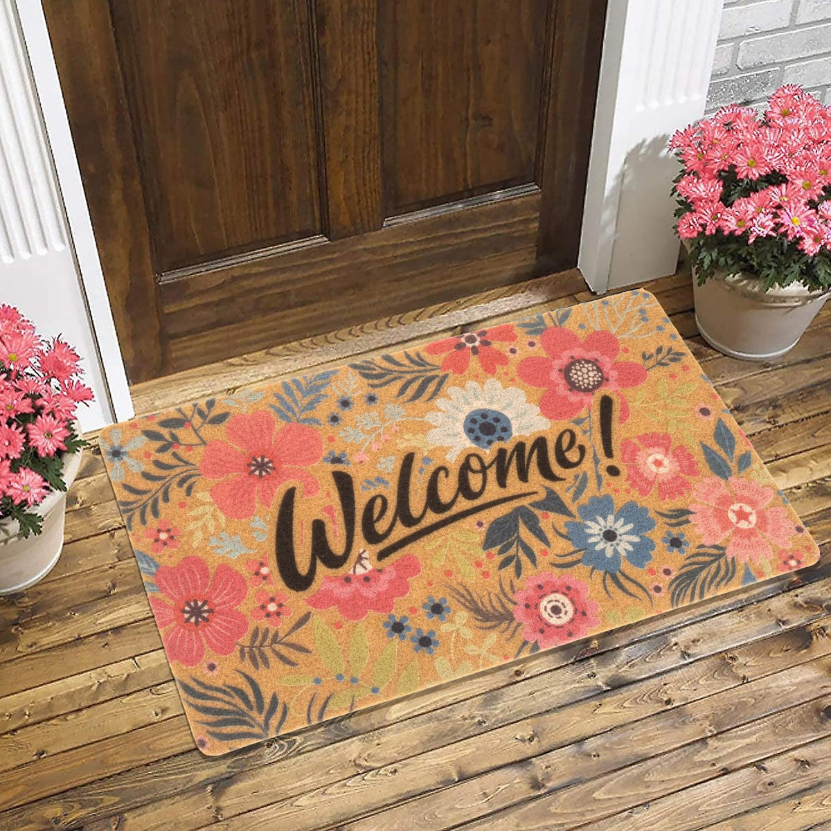 FGSS Flower Welcome Doormat features non-slip backing for safe outdoor entry.