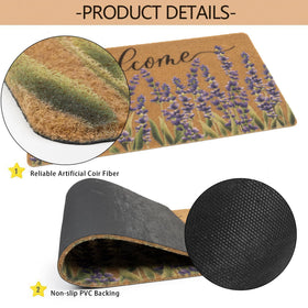 FGSS Lavender Welcome Doormat on a porch with non-slip backing for safety.