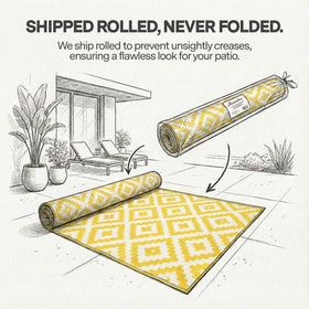 FH Home outdoor rug, reversible aztec geometry for two distinct looks.