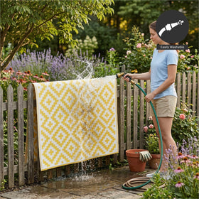 FH Home rug features UV-resistant color to maintain vibrancy outdoors.