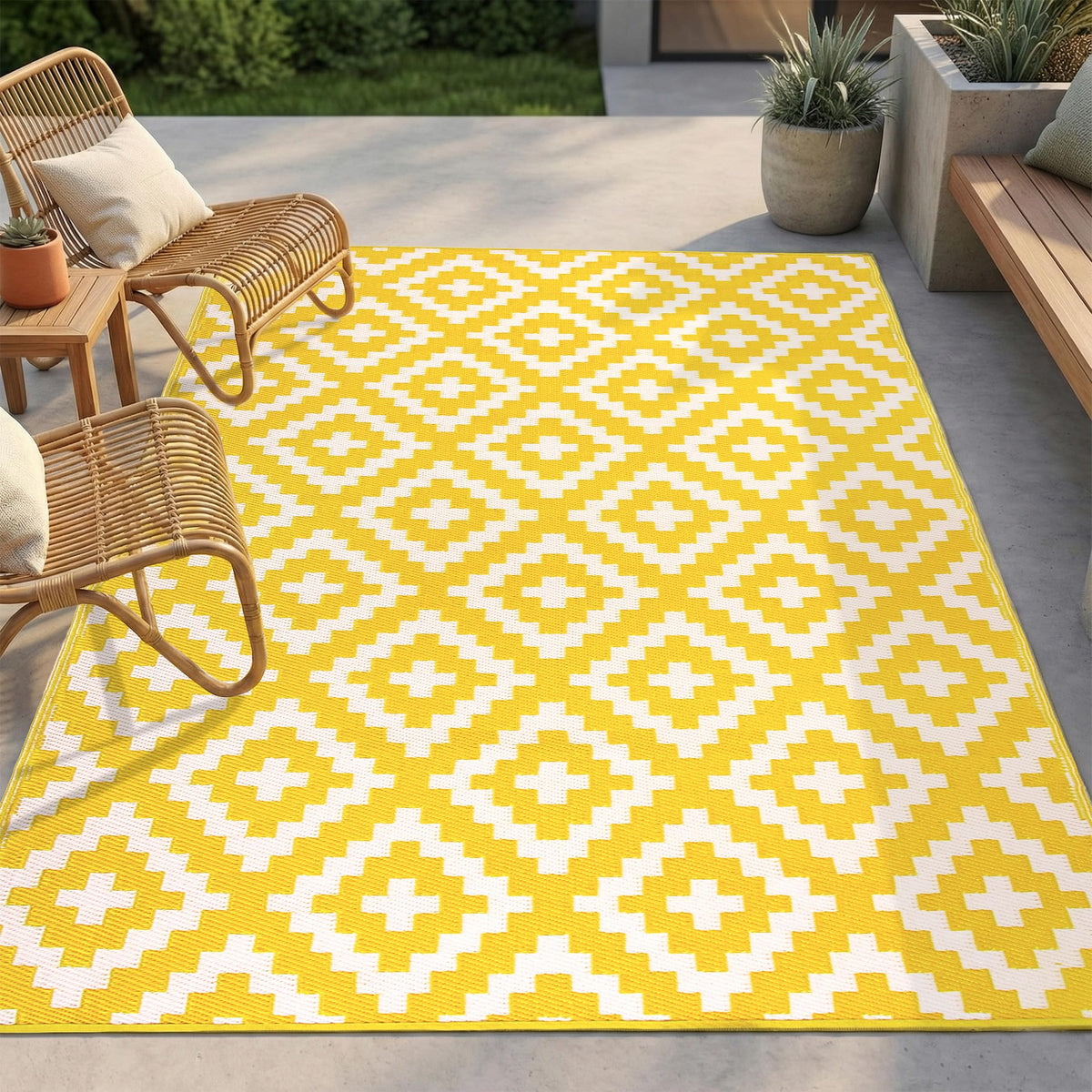 FH Home outdoor rug with aztec yellow and white pattern, waterproof and patio-ready.