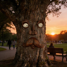 FHNQRQN outdoor tree face art enhances entryways with inviting storytelling vibes.